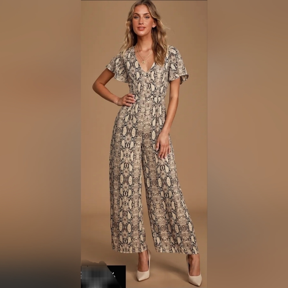 Lulus Sage The Label It Girl Tan Multi Snake Print Wide-Leg Jumpsuit, VGUC, Sz M